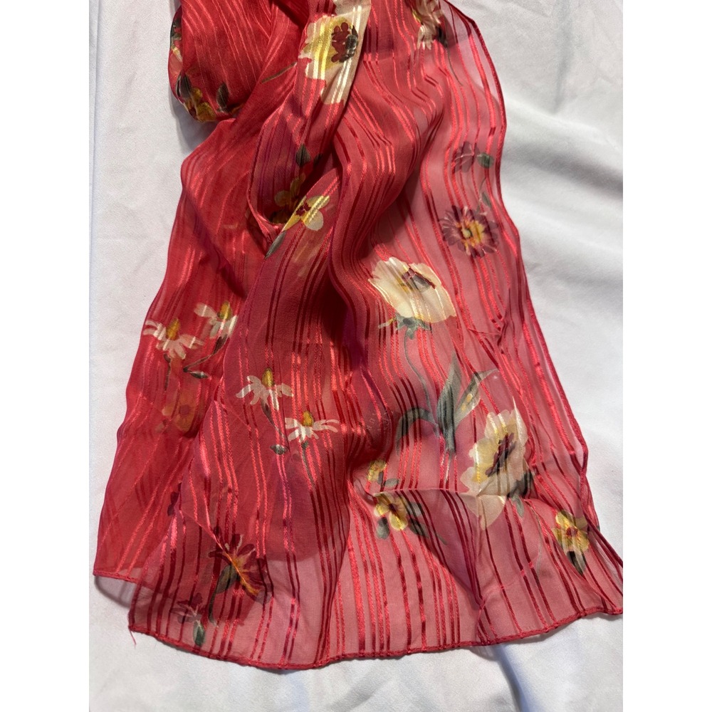 Lauren Ralph Lauren Silk Scarf Red Floral Striped Sheer Lightweight Accessory - Picture 2 of 6